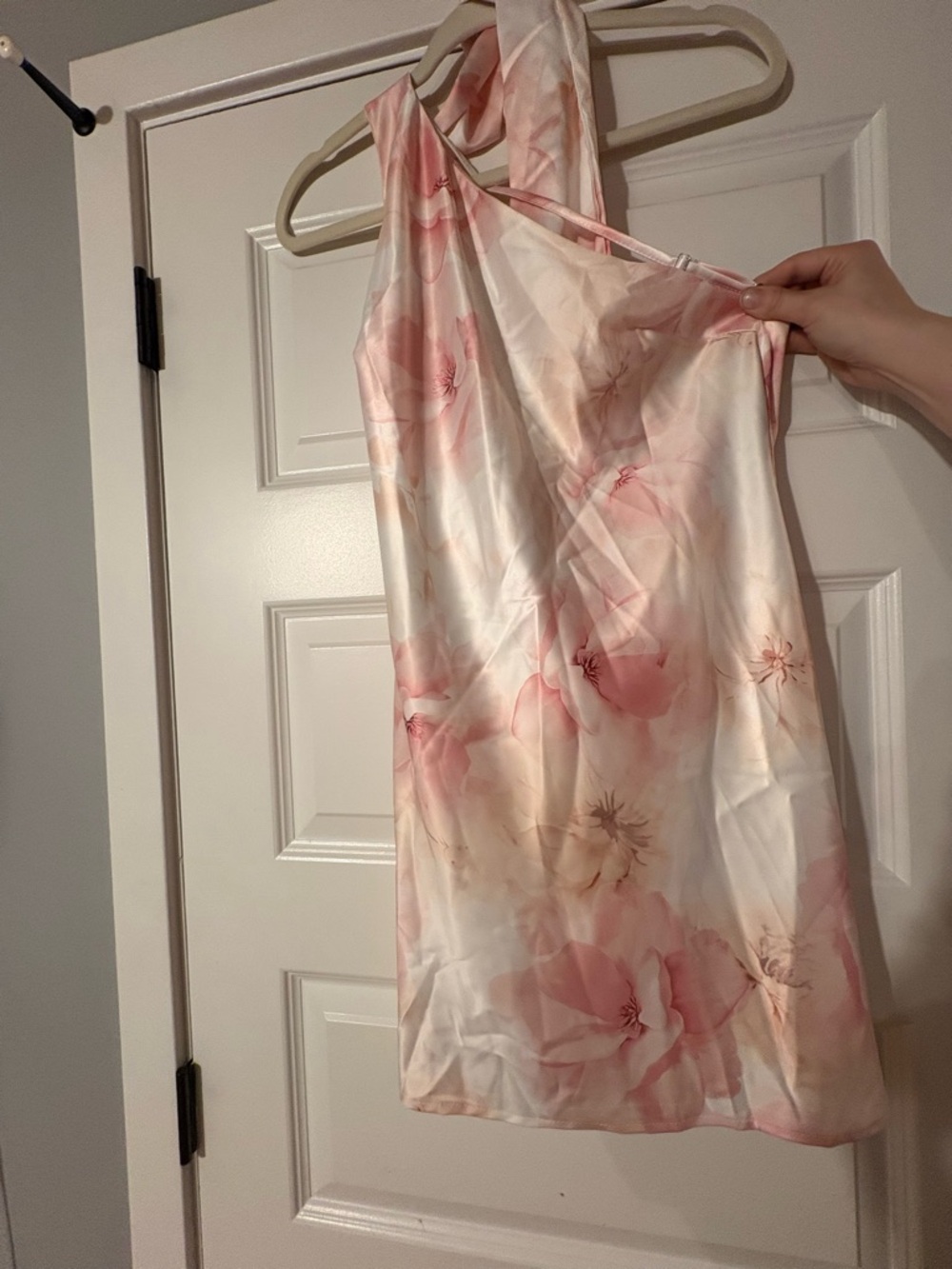 SHEIN Pink and Cream Floral One-Shoulder Mini Dress